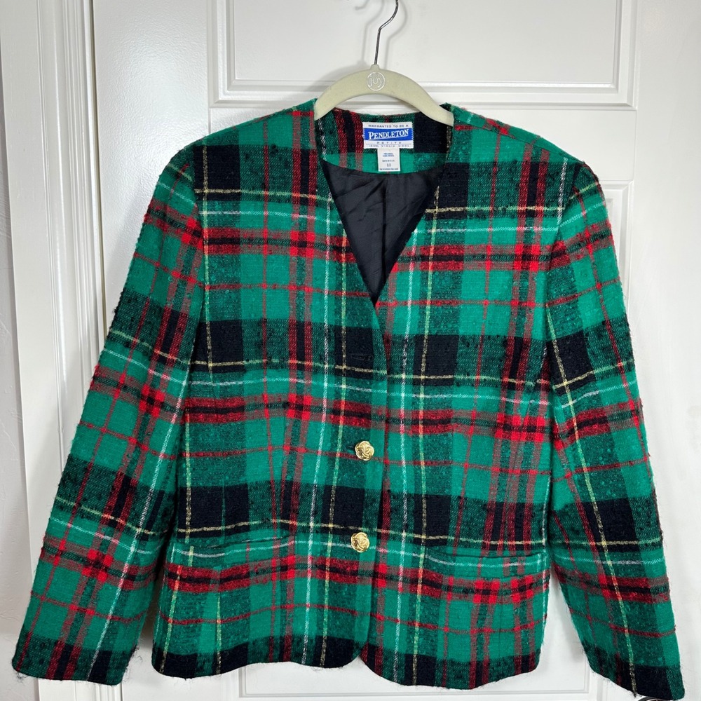 Pendleton Petite Plaid Blazer Women's Size 10 Virgin Wool Green Red Gold Button